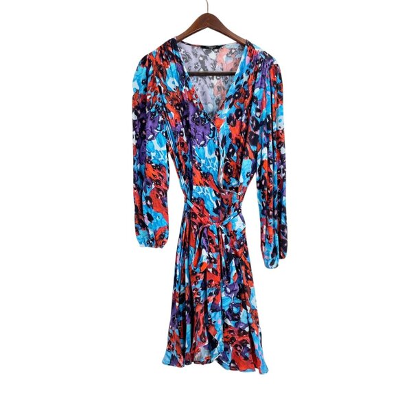 Karen Millen Petite V-Neck Wrap Dress Watercolor Print Feminine Womens Size 14 - Picture 2 of 9